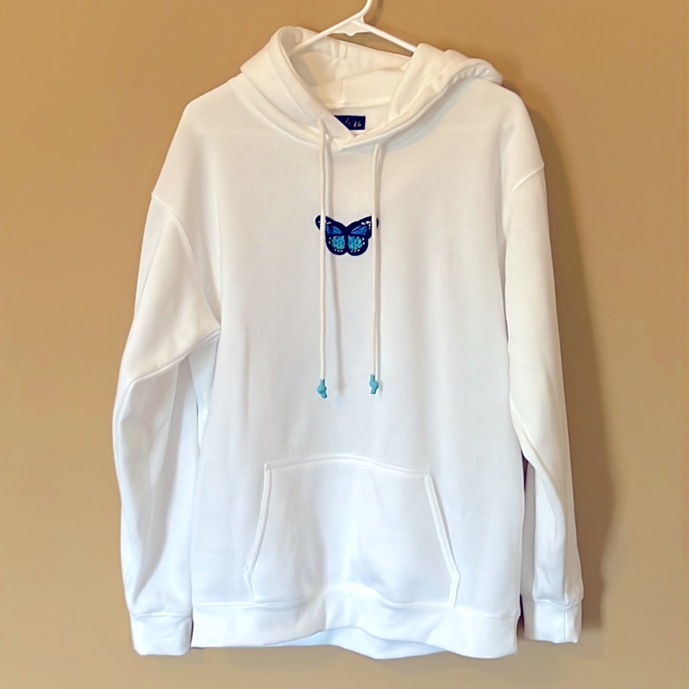 White Hoodie with Embroidered Butterfly-Blue